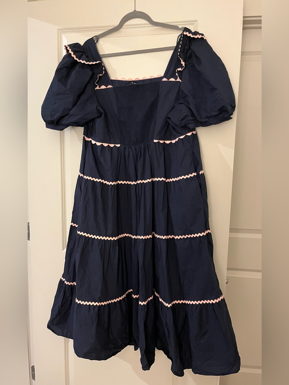 English Factory Ric Rac Navy and Pink Midi Dress With Puff Sleeves Size 2x - Picture 2 of 5
